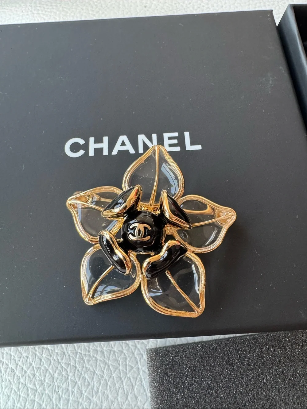 CHANEL New 2026 Black, Clear and Gold Camellia Brooch